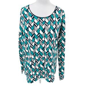 Kim Rogers‎ Turquoise Geometric Print Long Sleeve Stretch Top Blouse XXL